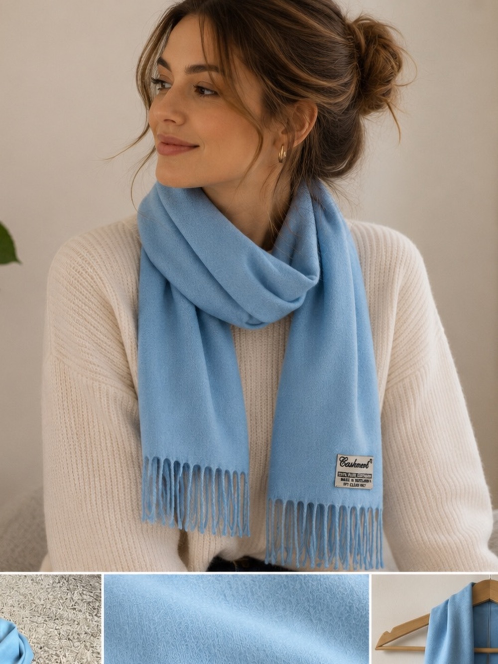 Light Blue Cashmink Fringe Scarf for Women - Classic Soft Wrap